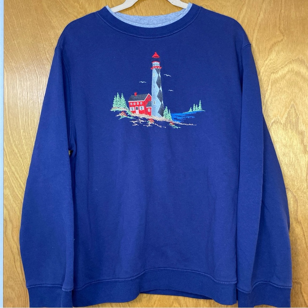 Vintage Embroidered Lighthouse Red Barn Pullover Navy Sweatshirt
